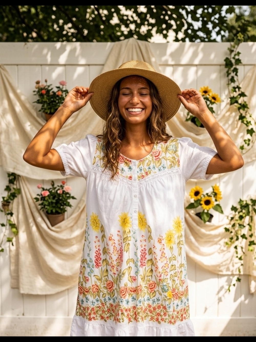 VTG White Floral Embroidered Button-Front Nightgown with Yellow Sunflower Print - Picture 5 of 9